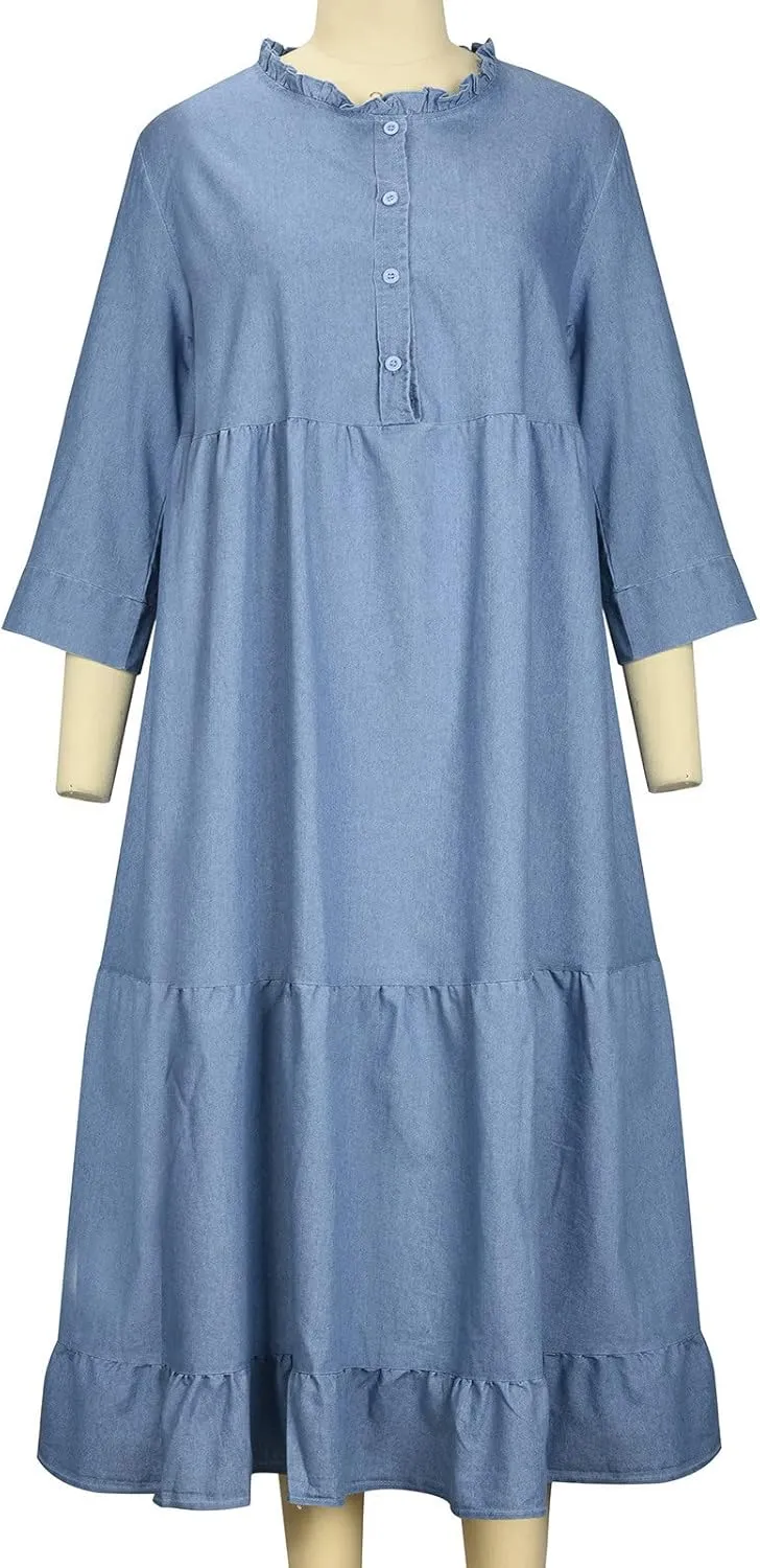 Women's Short Sleeve Denim Maxi Long Midi Loose Fit Shirt Western Fall Summer Dress 2025