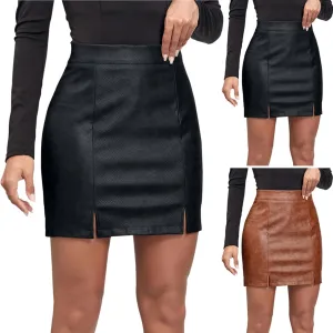 Women's Split Hem PU Leather Skirt High Waist Zipper Mini Short Casual Sexy Bodycon Skirt for Winter Fall Spring 2025