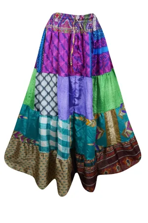 Womens Stylish Beach Maxi Skirt Purple Multi Patchwork Boho Skirts S/M/L