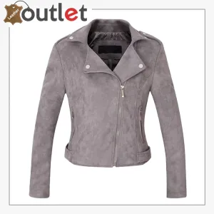 Womens Stylish Notched Collar Oblique Zip Leather Bomber Jacket