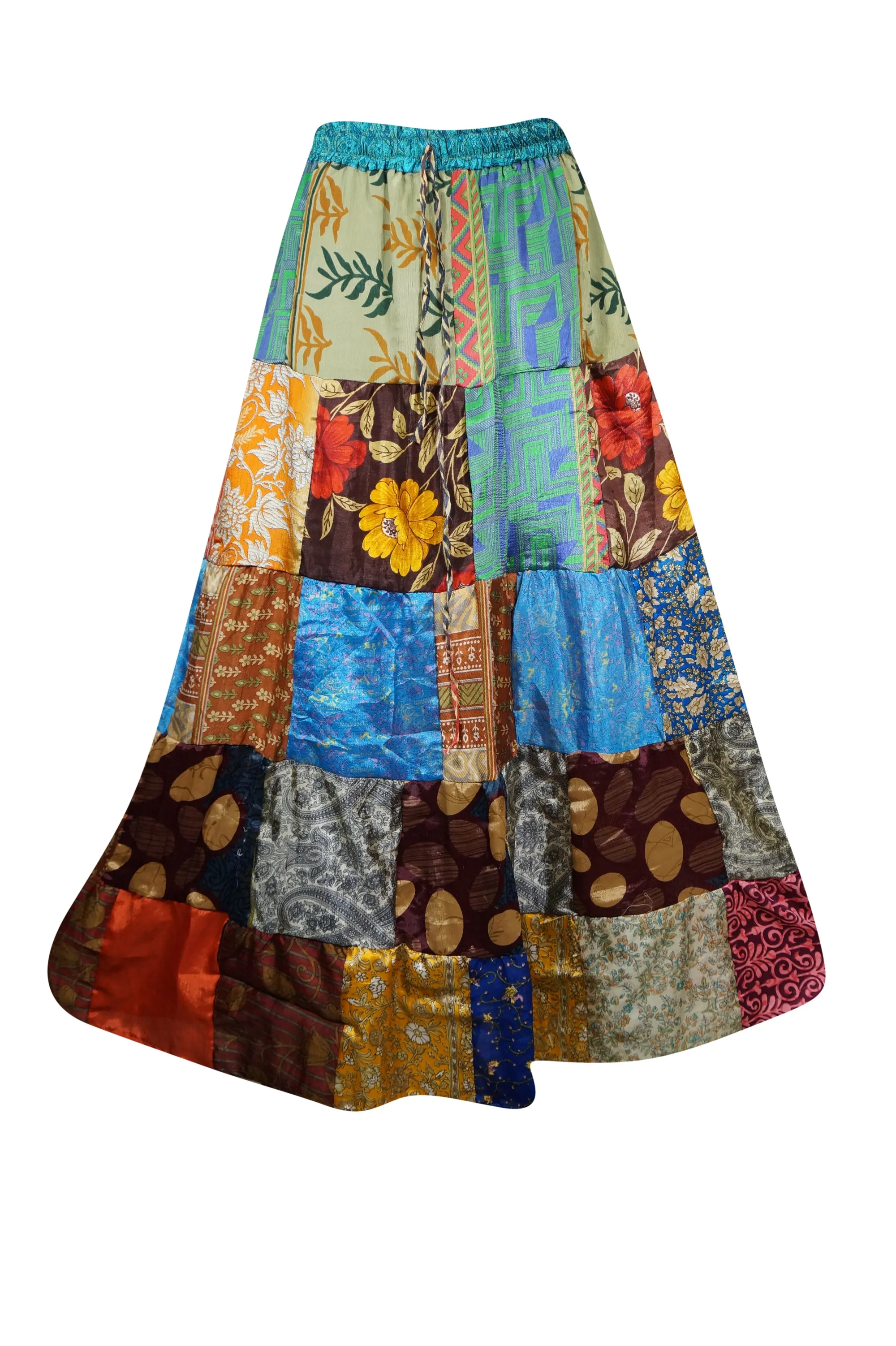 Womens Summer Maxi Skirt, Multi Blue Beach Hippy Recycle Silk Sari Gypsy Skirts S/M