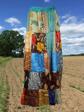 Womens Summer Maxi Skirt, Multi Blue Beach Hippy Recycle Silk Sari Gypsy Skirts S/M