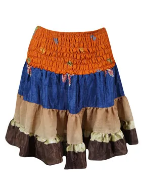 Womens Summer Ruched Skirt Orange, Blue  Beach Recycle Silk Skirts S/M