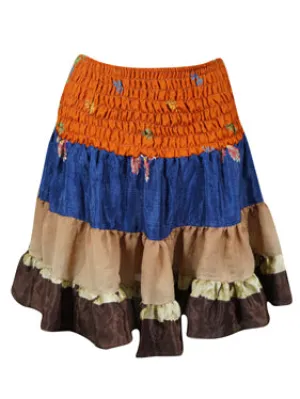 Womens Summer Ruched Skirt Orange, Blue  Beach Recycle Silk Skirts S/M