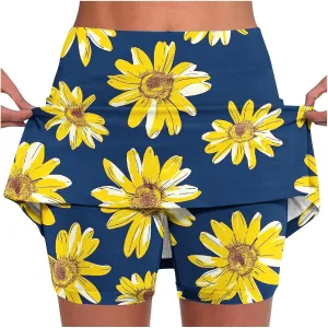 Womens Tennis Skorts Skirts with Built in Shorts Summer Sunflower Print Skirted Shorts Running Workout Skort