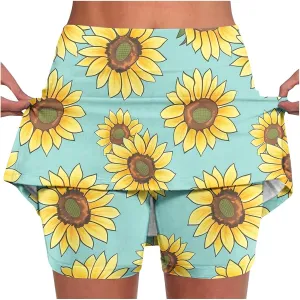 Womens Tennis Skorts Skirts with Built in Shorts Summer Sunflower Print Skirted Shorts Running Workout Skort