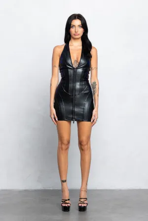 ZAIRE HALTER PLEATHER MINI DRESS - BURGUNDY - BLACK